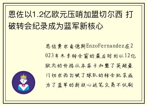 恩佐以1.2亿欧元压哨加盟切尔西 打破转会纪录成为蓝军新核心